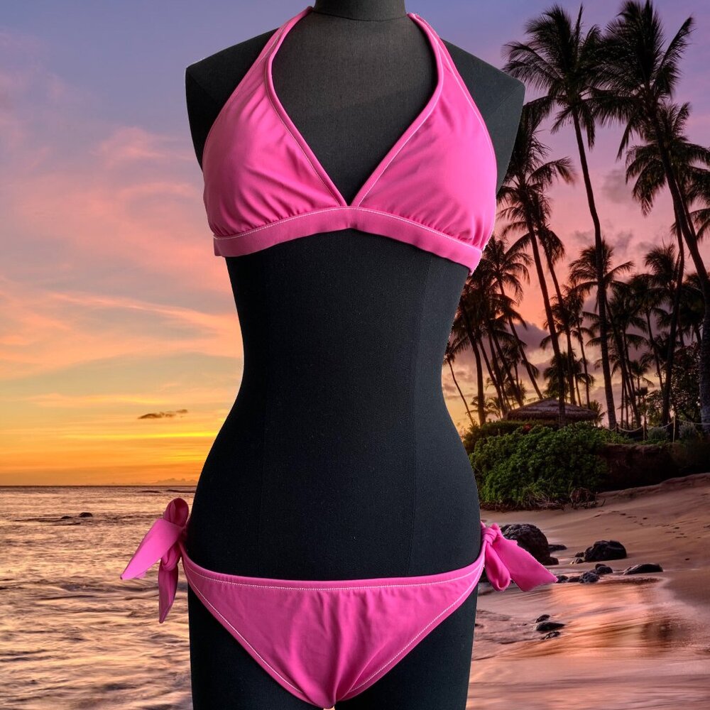 Billabong BLUE CRUSH era Vintage bikini solid pink halter top set RARE - Picture 1 of 8
